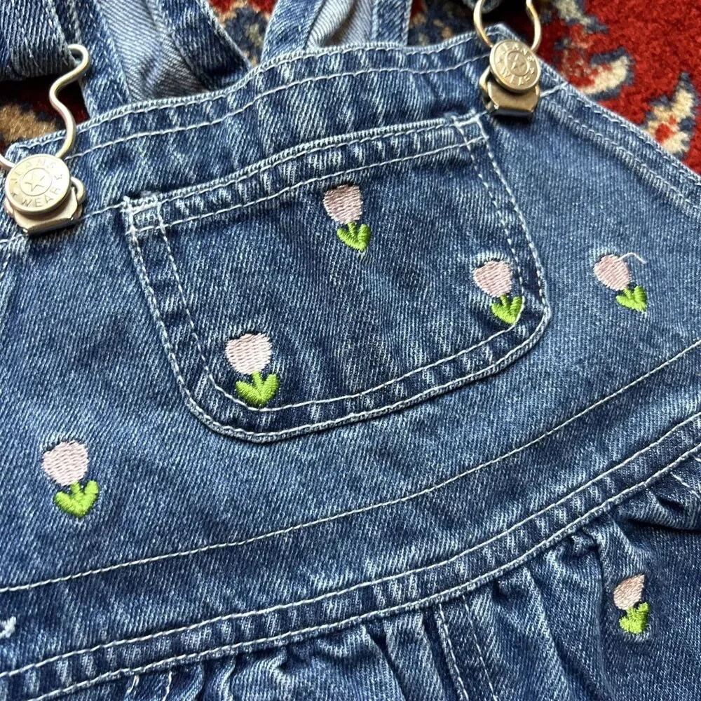 Vintage Denim Overalls Embroidered Tulips Girls 3-6 Months 90s Made In USA